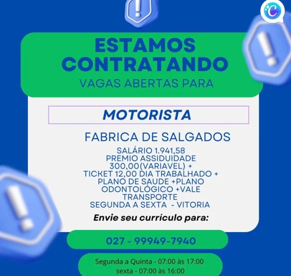 Fábrica de Salgados contrata Motorista