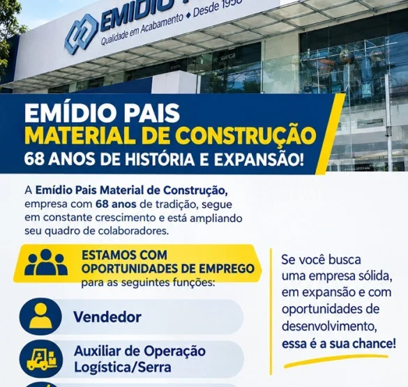 Emídio Pais Material de Construção abre vagas de Emprego