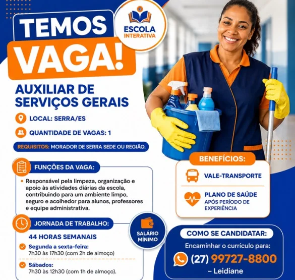 Escola Interativa contrata Auxiliar de Serviços Gerais
