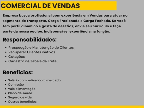 VAGA PARA COMERCIAL DE VENDAS