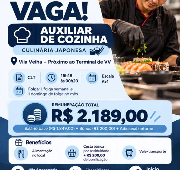 Vaga de Auxiliar de Cozinha – Culinária Japonesa (Vila Velha)