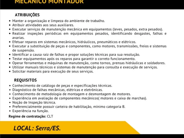 Grupo A. Madeira contrata Mecânico Montador