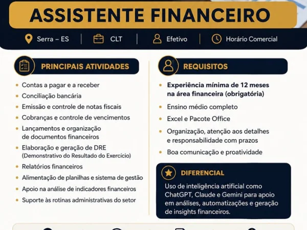 JRX Soluções contrata Assistente Financeiro
