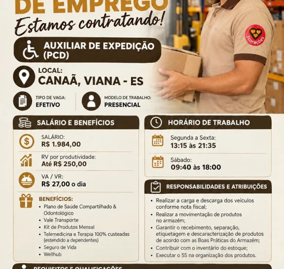 Grupo 3Corações contrata Auxiliar de Expedição (PCD)