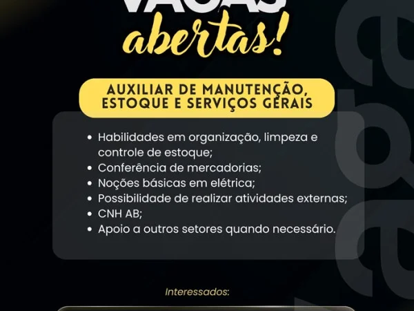 Vaga para Auxiliar de Manutenção, Estoque e Serviços Gerais