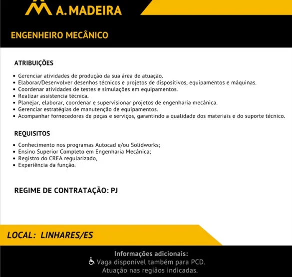 Grupo A. Madeira contrata Engenheiro Mecânico