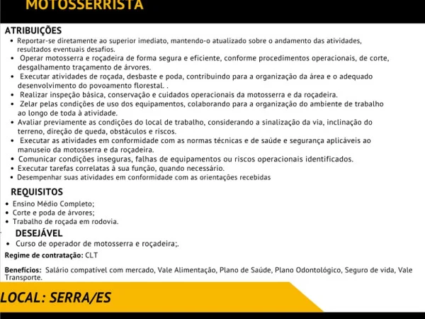 Grupo A. MADEIRA contrata Motosserrista