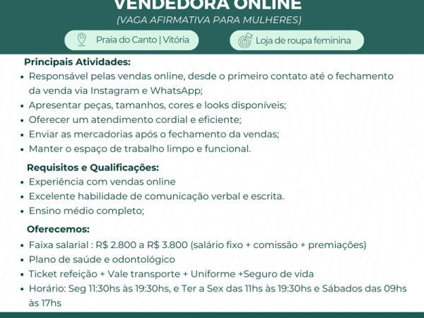 Vaga para Vendedora Online (Vaga afirmativa para mulheres)