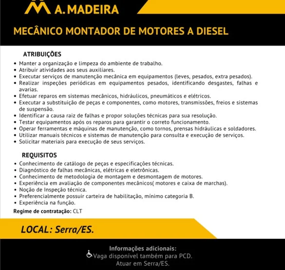 A. Madeira contrata Mecânico Montador de Motores a Diesel