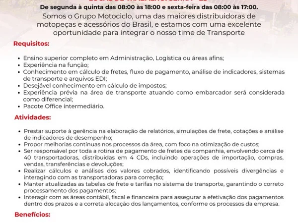 Grupo Motociclo contrata Analista de Transporte