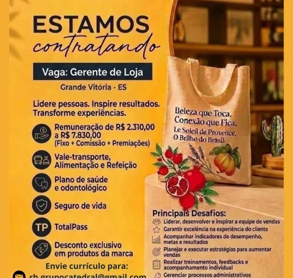 Vaga para Gerente de Loja / Cosméticos e Perfumaria Premium / Grande Vitória - ES