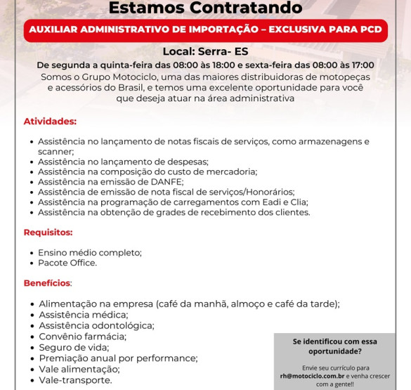 Grupo Motociclo contrata Auxiliar Administrativo de Importação - PCD