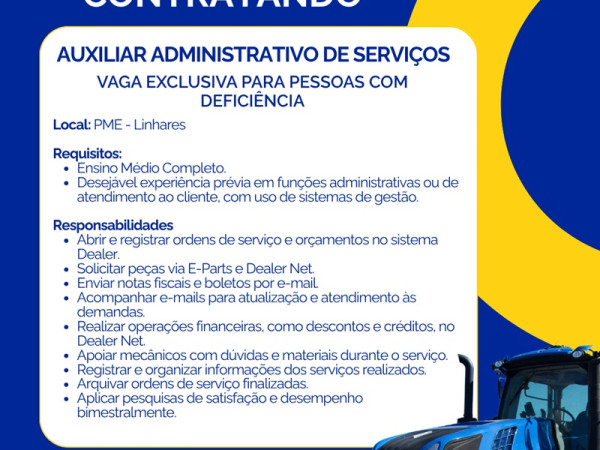 PME Máquinas contrata Auxiliar Administrativo de Serviços PCD (Linhares)
