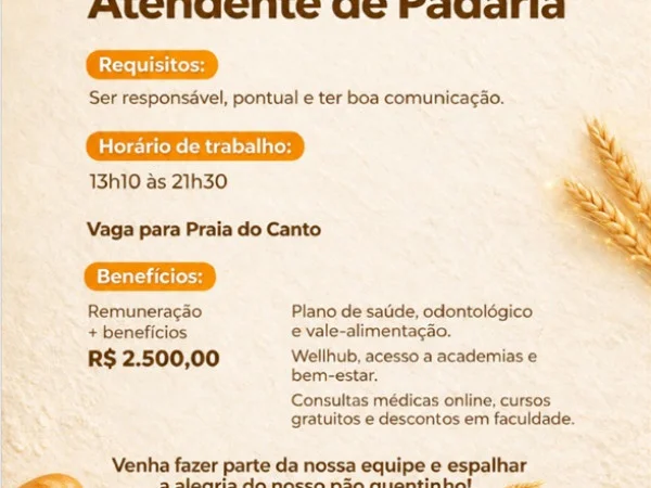 Vaga para Atendente de Padaria
