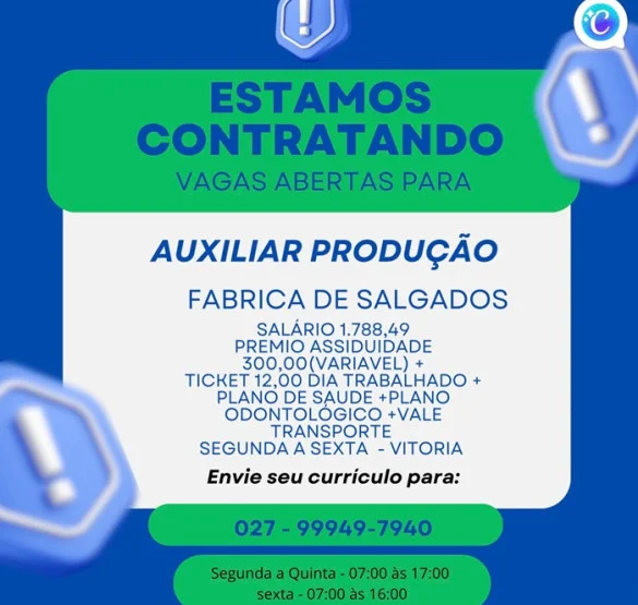 Fábrica de Salgados contrata Auxiliar de Produção