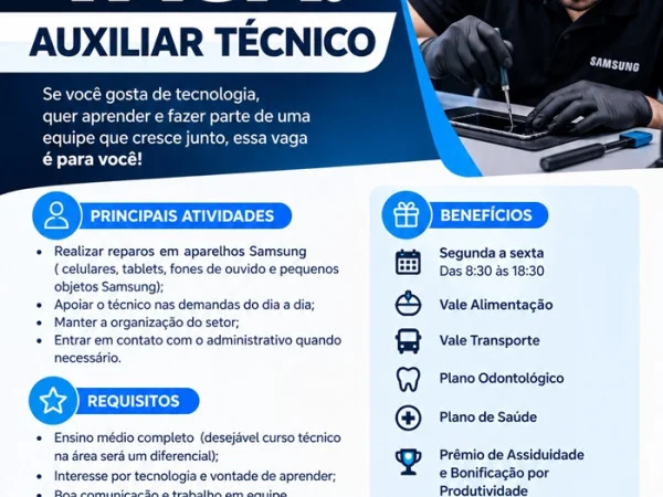 Samsung Smart Center contrata Auxiliar Técnico