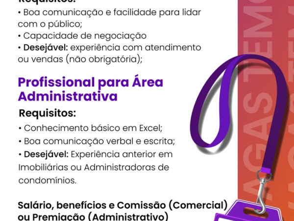 Vagas para Profissional Comercial e Administrativo