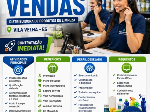 Distribuidora de produtos de limpeza contrata Auxiliar de Vendas