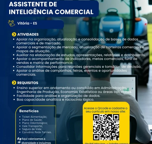 PME Máquinas contrata Assistente de Inteligência Comercial
