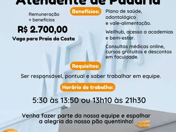 Vaga para Atendente de Padaria | Praia da Costa