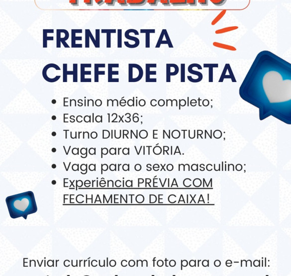 VAGA PARA FRENTISTA E CHEFE DE PISTA