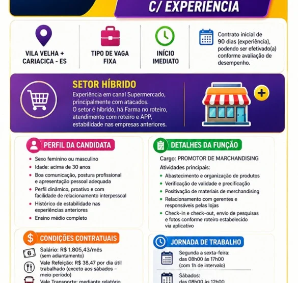 Vaga para Promotor de Merchandising (Com Experiência)