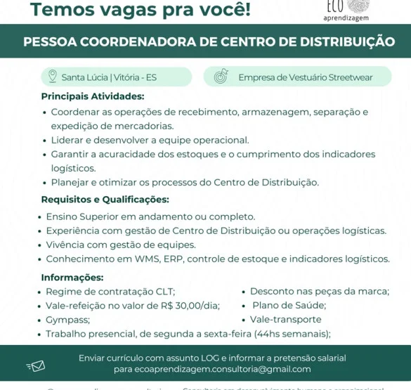 Vaga para Pessoa Coordenadora de Centro de Distribuição