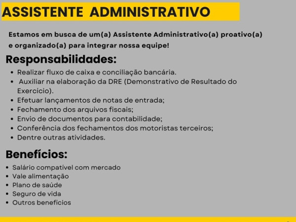 VAGA PARA ASSISTENTE ADMINISTRATIVO