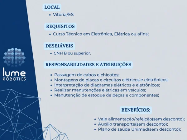 Lume Robotics contrata Técnico em Eletrônica