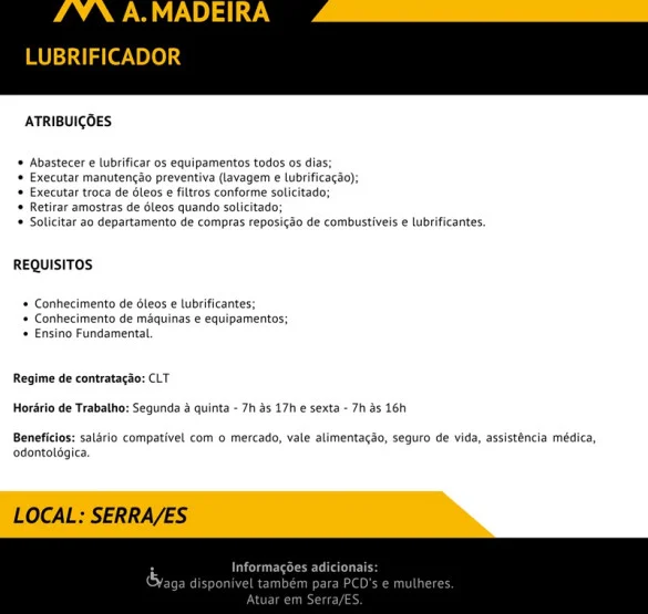 Grupo A. MADEIRA contrata Lubrificador