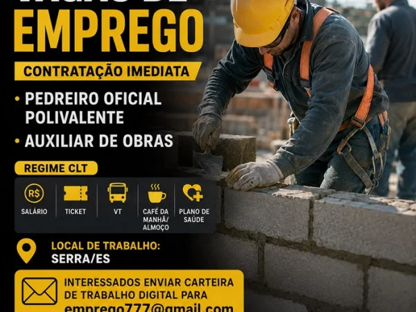 Vagas para Pedreiro Oficial Polivalente e Auxiliar de Obras