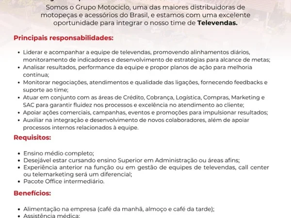 Grupo Motociclo contrata Líder de Televendas
