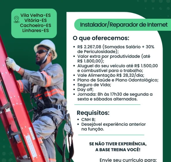 VAGAS PARA INSTALADOR/REPARADOR DE INTERNET