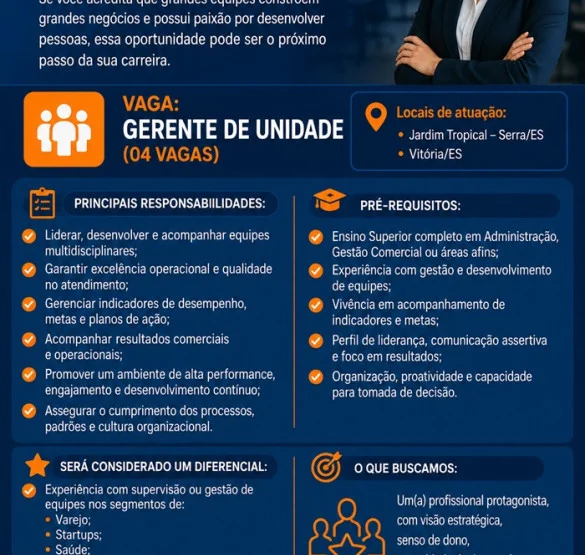 VAGAS PARA GERENTE DE UNIDADE (04 VAGAS)