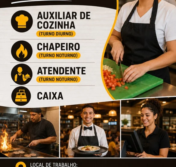 Vagas para Auxiliar de Cozinha, Chapeiro, Caixa e Atendente