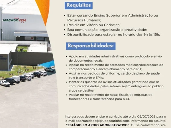 Grupo Coutinho abre vagas de Estágio Administrativo para a região de Vitória, Vila Velha e Serra