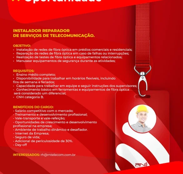 RN Telecom contrata Instalador Reparador de Serviços de Telecomunicação