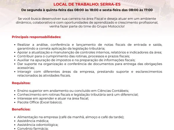 Grupo Motociclo contrata Assistente Fiscal