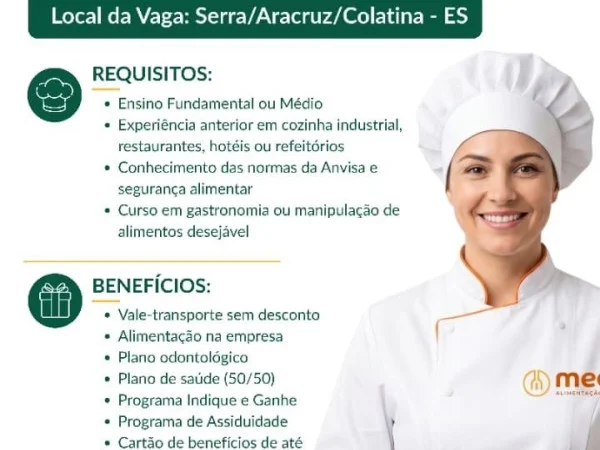 Vaga para Cozinheiro(a) – (Serra/Aracruz/Colatina - ES)