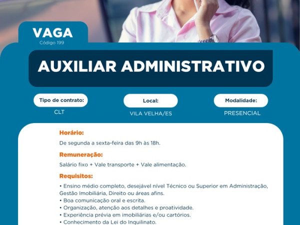 Vaga para Auxiliar Administrativo 