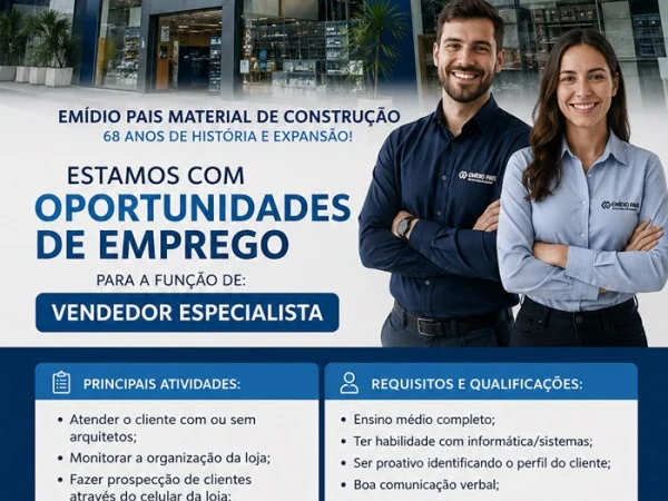 Emídio Pais Material de Construção contrata Vendedor Especialista