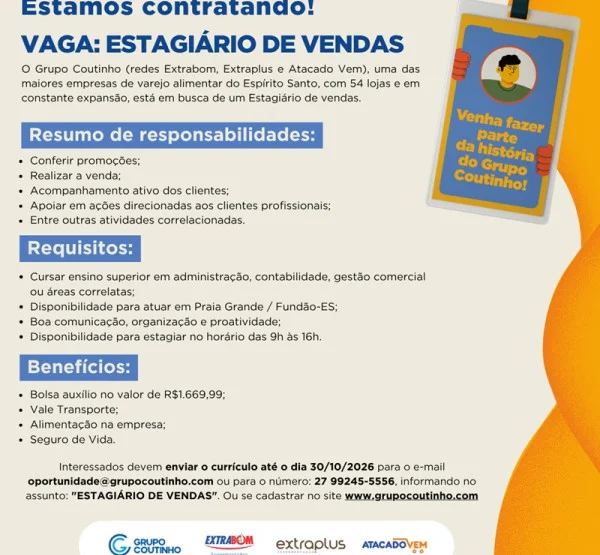 ESTAGIÁRIO DE VENDAS (ATACADO VEM - PRAIA GRANDE, FUNDÃO/ES)
