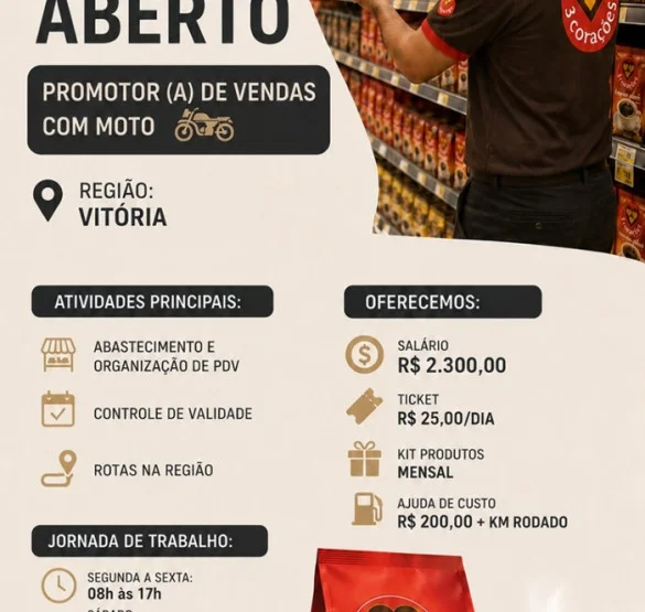 Grupo 3Corações contrata Promotor(a) de Vendas