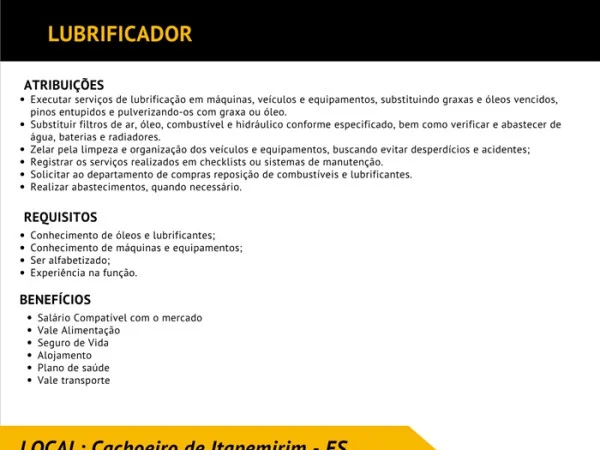 Grupo A. MADEIRA contrata Lubrificador