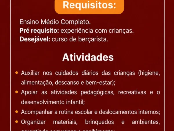 Vaga para Auxiliar de Creche / Berçarista