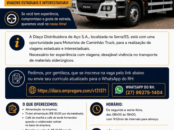 DIAÇO Distribuidora de Aço contrata  Motorista de Caminhão Truck