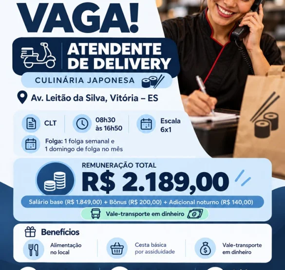 Vaga de Atendente de Delivery – Culinária Japonesa (Vitória)
