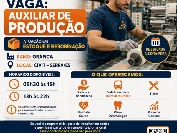VAGA PARA AUXILIAR DE PRODUÇÃO 