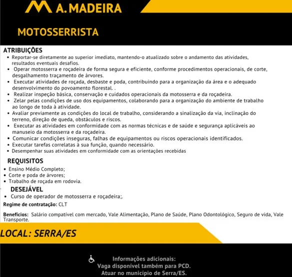 Grupo A. MADEIRA contrata Motosserrista