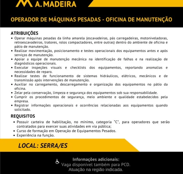 Grupo A. Madeira contrata Operador de Máquinas Pesadas – Oficina de Manutenção